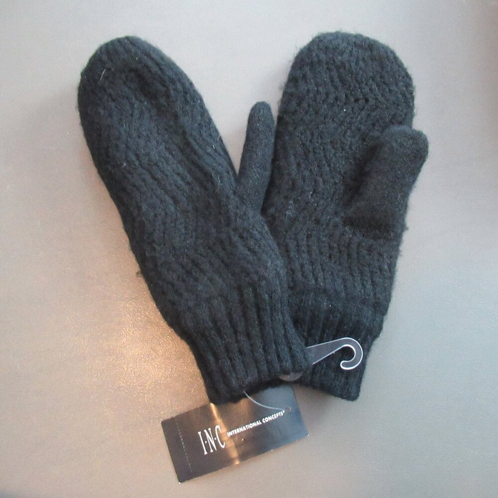INC International Concepts Women's Chevron Knit Mittens, Black, One Size